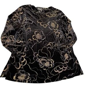 Briggs New York Top Tunic 2XL Black Velvet Rhinestones Floral Witchy Whimsigoth